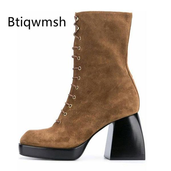 

boots chic design ankle women square toe lace up strange high heel woman fashion short, Black