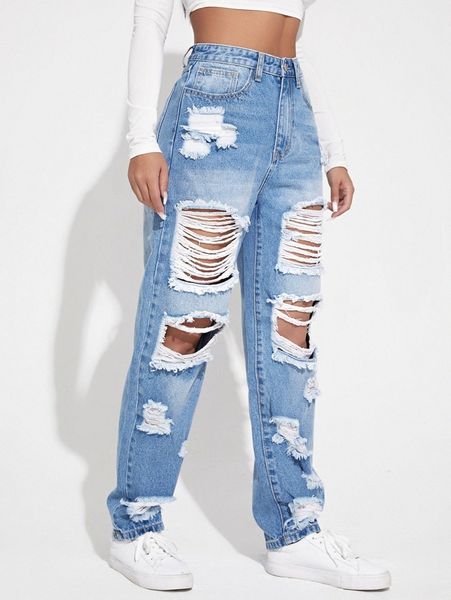 

ripped detail boyfriend jeans q10s#, Blue