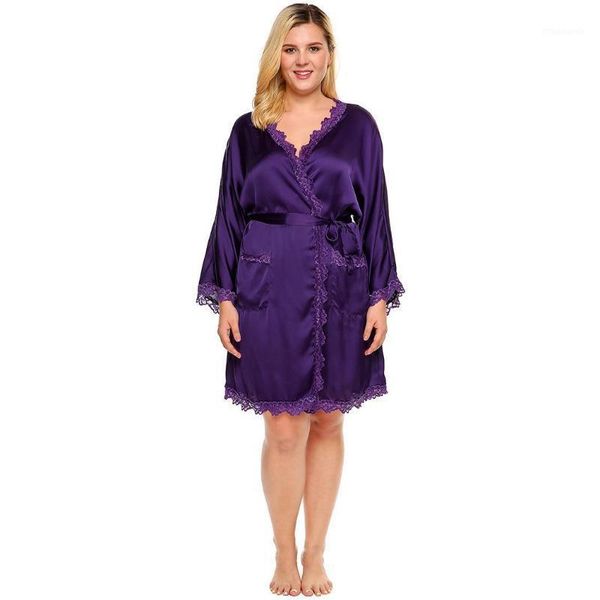

women's lace satin kimono robe long sleeve belted sleepwear plus size1, Black;red