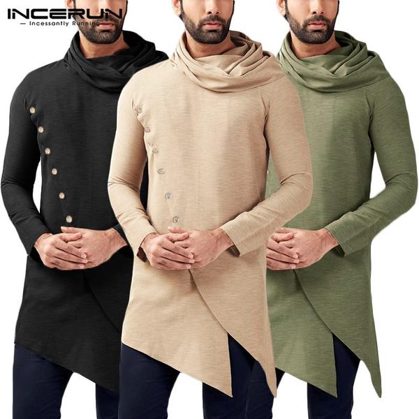 

men solid color long sleeve scarf collar fashion muslim kaftan robe casual slim mens irregular hem pullover thobe jubba incerun, Red