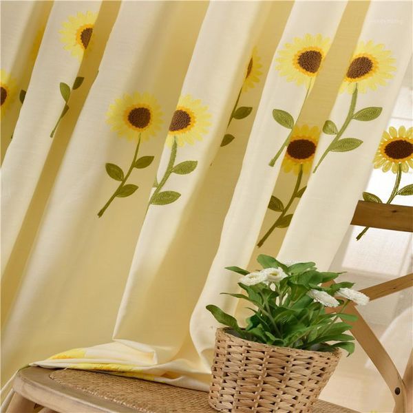 

factory direct wholesale window screen idyllic sunflower screen curtain cotton linen towel embroidery cotton linen curtain1