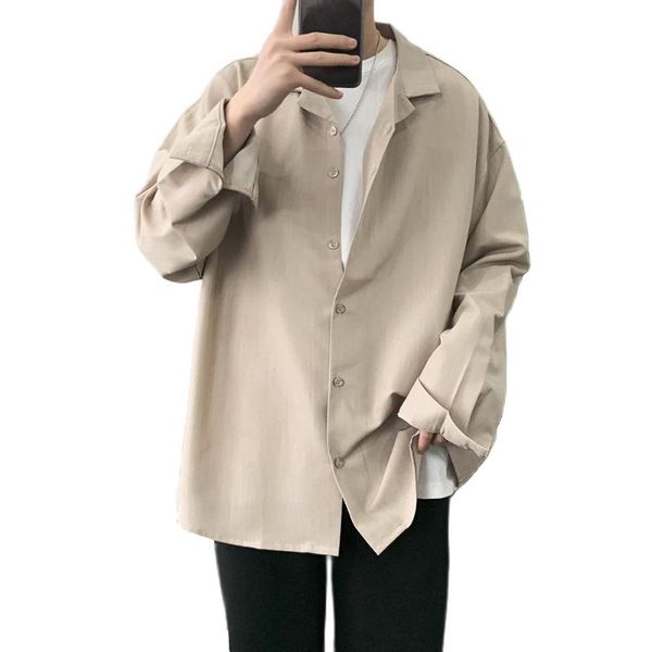 

new solid color men's long-sleeved shirt fashion casual loose cotton jacket trendy lapel single-breasted jacket, White;black