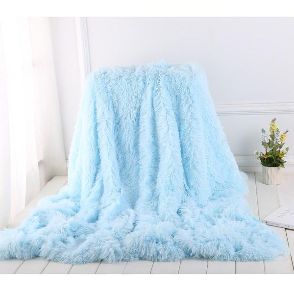 

sky blue shaggy faux fur throw blanket for couch cuddly bed plush blanket for children kids bedroom decoration summer