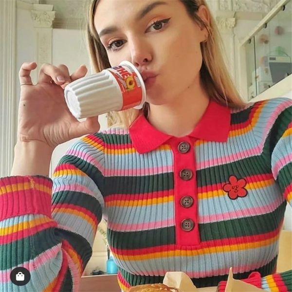 

2020 knit sweater women rainbow stripes pullover lapel ins blogger european and american fashion slim long-sleeved short sweater s, White;black