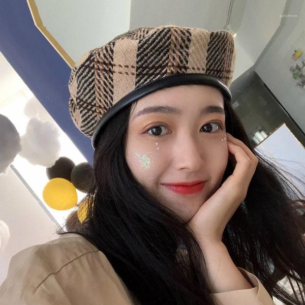 

2020 new winter women hat fashion japanese artistic tartan leather beret concise style retro plaid winter pumpkin hat berets1, Blue;gray