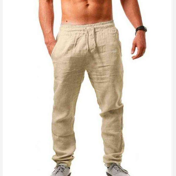 

2022 new men's cotton linen pants male summer breathable solid color trousers fitness streetwear trousers 0124, Black