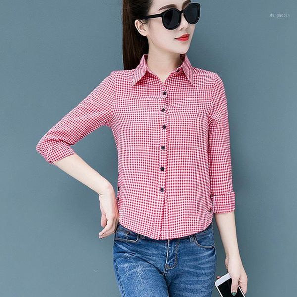 

women plaid blouses casual long-sleeved shirts female button blouses fashion 1, White