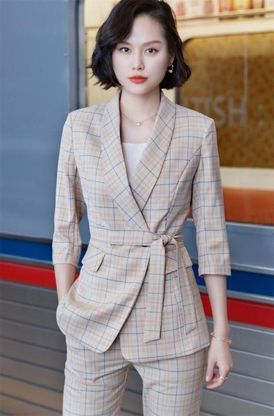 

novelty apricot fabric uniform designs women pantsuits jackets and pants for ladies blazers pants suits with belt, White