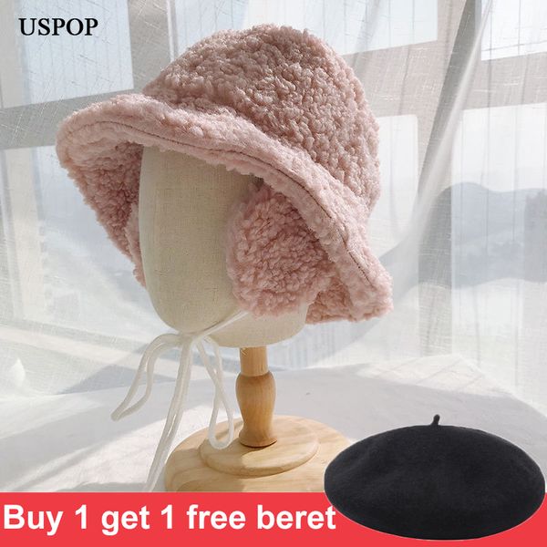 

uspop winter hats women thick bucket hats with earmuffs solid color lamb hair bucket hat warm hats caps 201009, Blue;gray