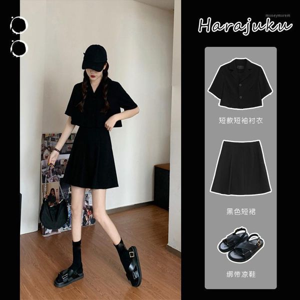 

women's tracksuits harajuku dark girls short shirt&mini skirt set women all black streetwear rebellious teenager a-line high waist ski, Gray