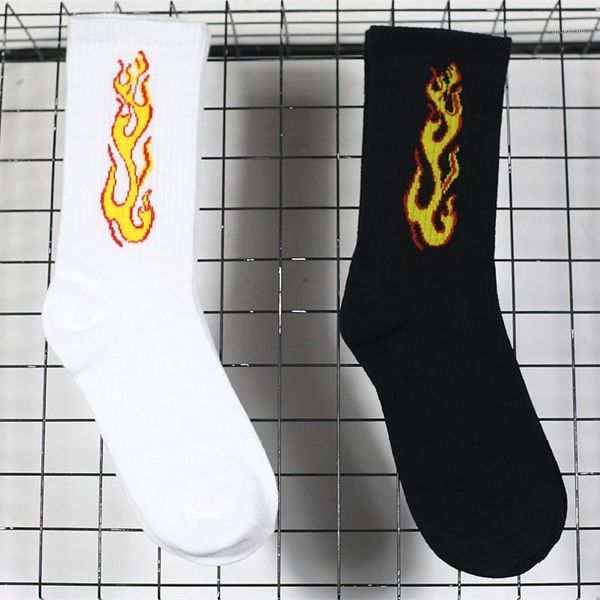 

men fashion hip hop hit color on fire crew socks red flame blaze power torch warmth street skateboard cotton long socks1, Black