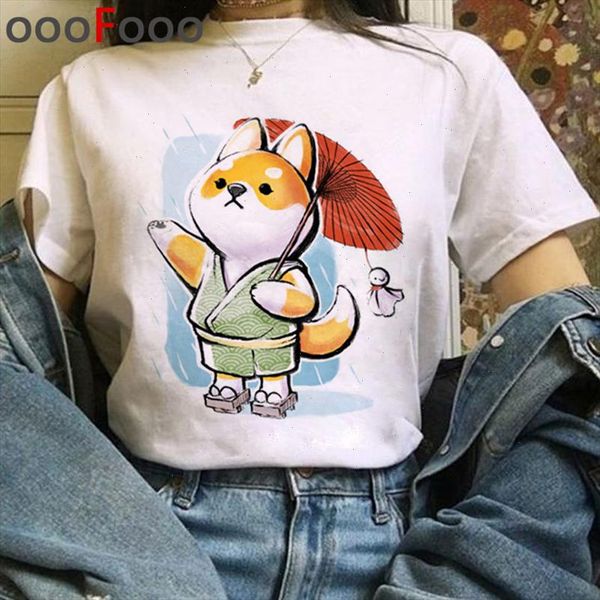 

shiba inudogs kawaii cartoon t shirt women harajuku ullzang 90s t shirt grunge graphic cute tshirt korean style, White