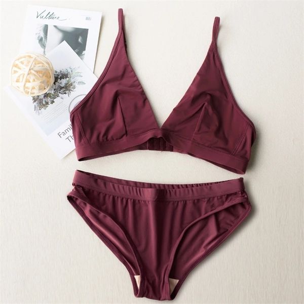 

wriufred no padded bras sets ice silk seamless lingerie set cotton underwear women breathable sleep bra panties suit lj201210, Red;black