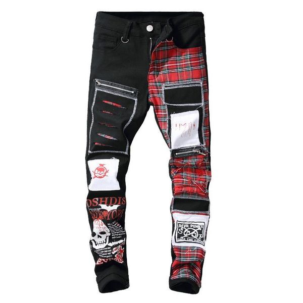 

men's jeans skull printed scottish plaid patchwork trendy patches design black ripped distressed denim long pants, Blue