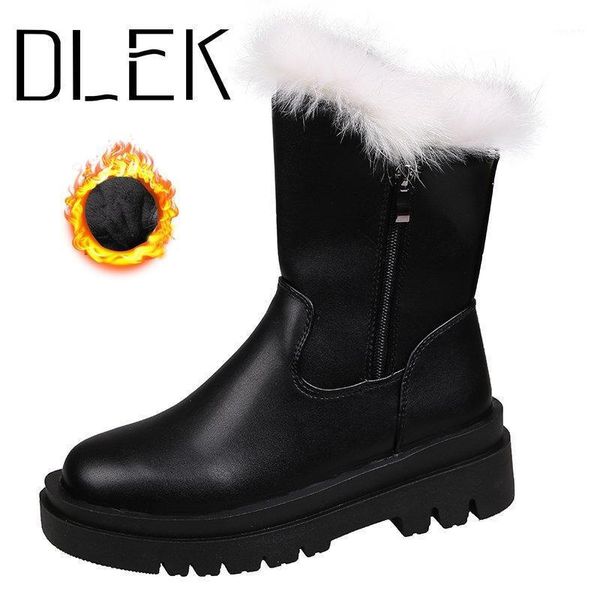 

dlek black long plush women boots mid-calf zip round toe warm furry fur leather winter female shoes chunky square heel1