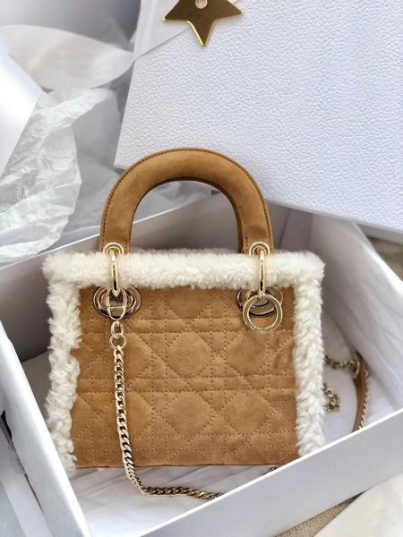 

elegance lady camel color shearling suede mini bag totes handbag book tote shoulder bags cross body with removable chain strap