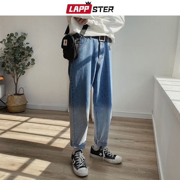 

lappster men gradient color blue jeans pants mens japanese streetwear denim pants male patchwork fashions harem pants 5xl 201111
