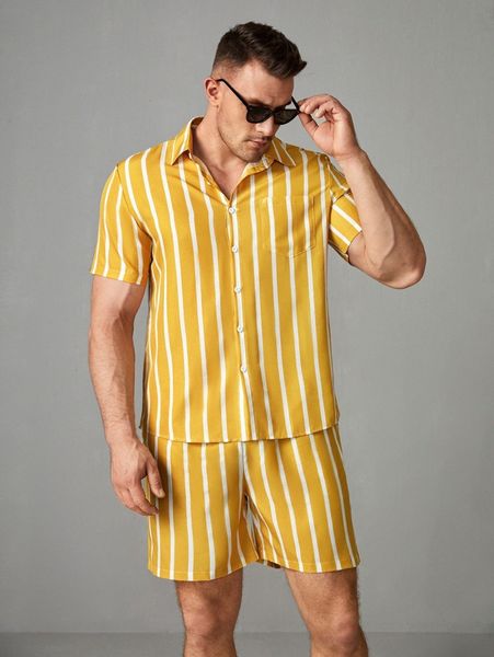 

extended sizes men vertical stripe patched pocket shirt & shorts p159#, Gray