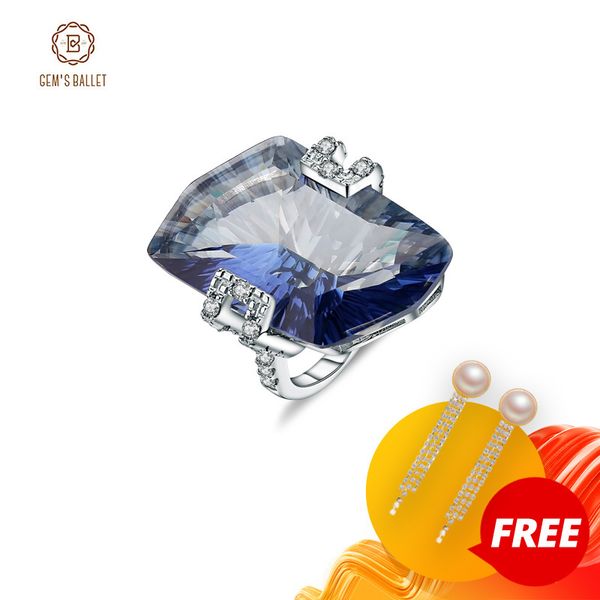 

gem балетных 5.21ct нерегулярное природные iolite синий мистик кварц gemstone кольца женские стерлингового серебра 925 cocktail изящных ювел, Slivery;golden