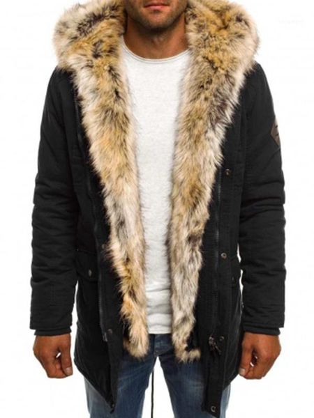 

men's winter fur collar cotton padded jackets warm male leisure solid black parkas shearling thicken warm plain men's parkas1