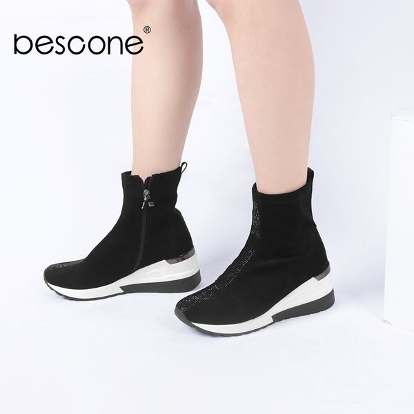 

bescone женские сапоги мода удобные новые стрейч ткани дамы ботильоны осень зима повседневный спорт короткие обувь женщины h9, Black