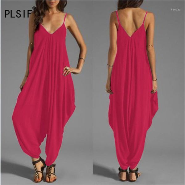 

2020 spaghetti strap v-neck lady jumpsuits loose ruched design rompers beach style casual strap jumpsuits1, Black;white