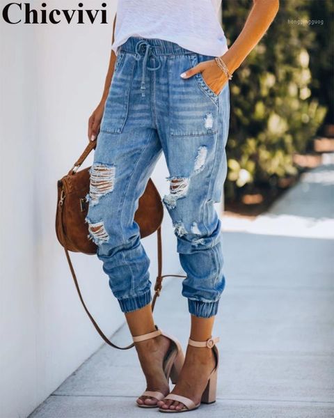 

2020 women stretch ripped distressed high waist denim pants casual jeans trousers streetwear women denim jeans1, Blue