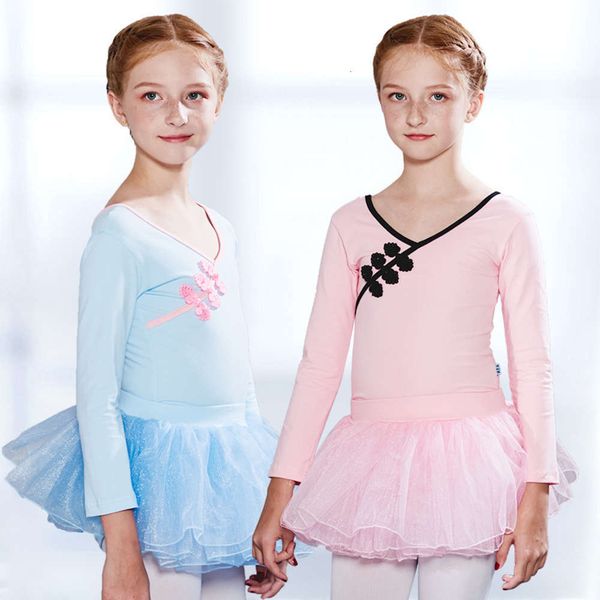 

chine sle girls' one-piece ballet long sve shawl training dance drs, Blue