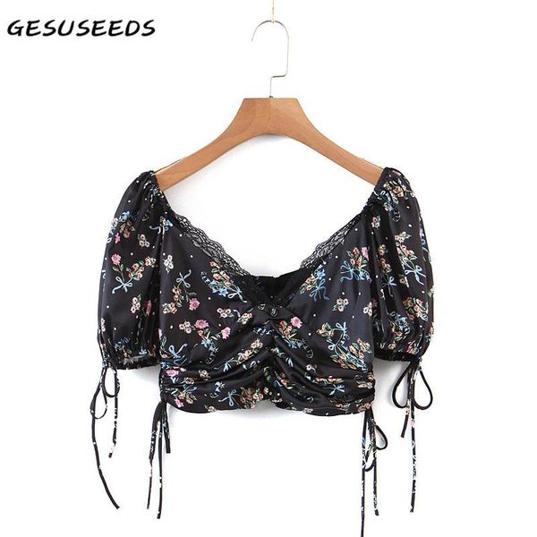 

women's blouses & shirts summer shirt women vintage blouse floral black v neck lace puff sleeve ruched up chiffon 2021, White