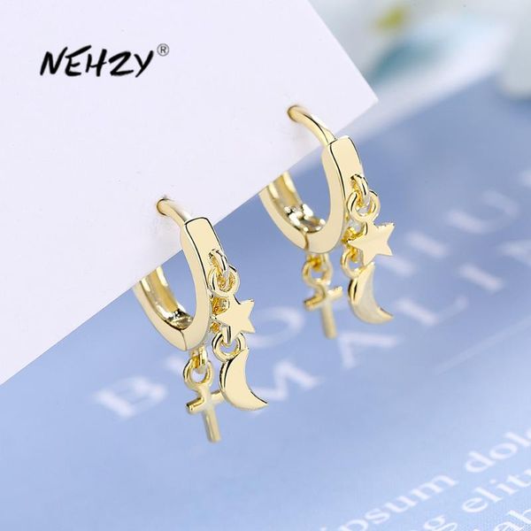 

nehzy 925 sterling silver new woman fashion jewelry simple star moon cross golden silver earrings