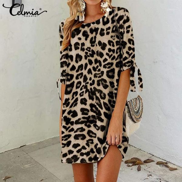

celmia leopard print mini dress women summer beach vestidos half sleeve casual loose bohemian sundress robe plus size 5xl1, White;black
