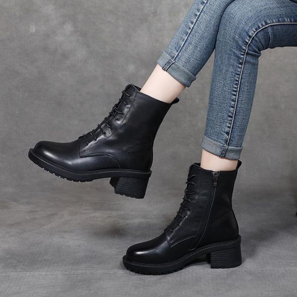 

boots women leather ankle autumn shoes for high heels black 100martins boot handmade genuine soft boots2021