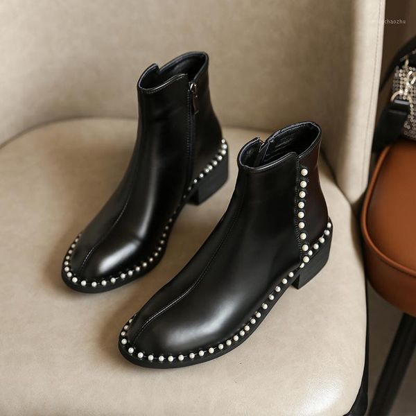 

boots autumn/winter collection genuine leather beads women ankle short side zipper female shoes cowhide1, Black