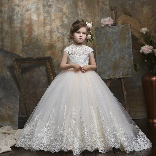 

cap sleeves ballgown flower girl dress 2020 keyhole back sweep train first communion dress for kids toddler infant lace appliques custom, White;blue