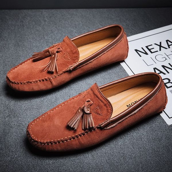 

spring new mens black casual loafer shoes trending round toe tassel charm nubuck suede boat slip on flats for driver 38-45 bzg-1088