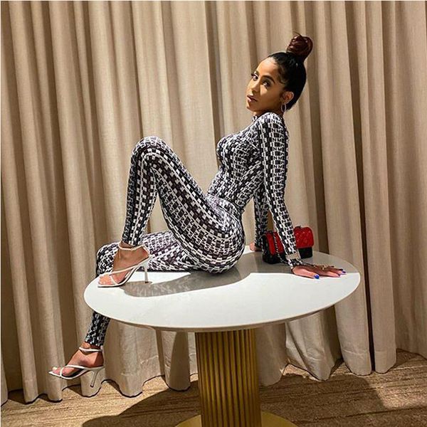 

club womens jumpsuits skinny rompers autumn fashion wear women full length letter pattern print contrast color clothing, Black;white