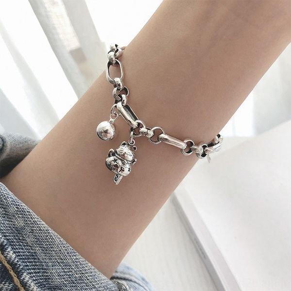 

925 bracelet nationality ethnic group pure silver zhaocai cat bracelet female ins minority design thai silver student cool temperament jewel, Golden;silver