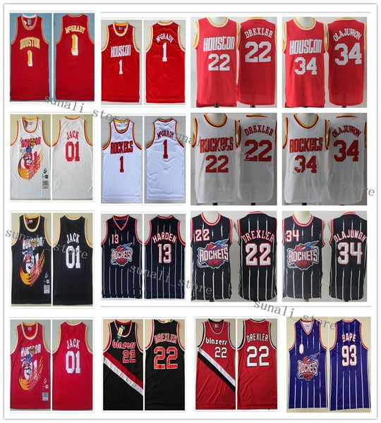 

stitched men clyde drexler 22 hakeem olajuwon 34 basketball jerseys retro red black tracy mcgrady 1 cactus 01 jack shirts, Black;red