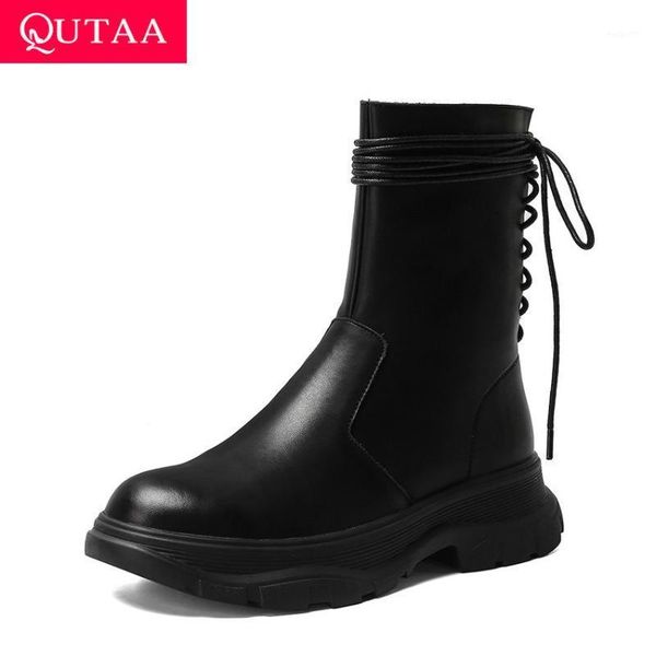

boots qutaa 2021 autumn winter lace up zipper ankle casual round toe short quality cow leather women shoes size 34-411, Black