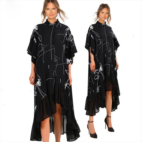 

2020 women summer plus size long black casual shirt dress ruffle irregular stripes print ladies party club dress robe femme 3751, Black;gray