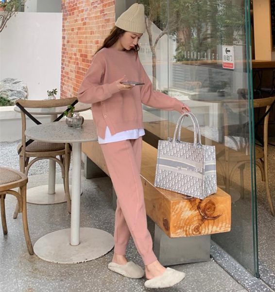 

women's tracksuits women knitted sweater and pants sets autumn winter long sleeve side split loose pullovers + harem tracksuit two piec, Gray