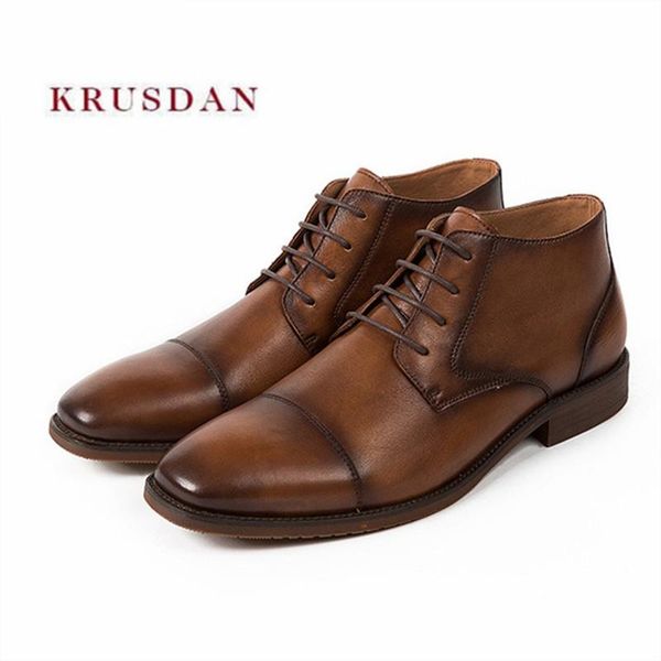 

boots krusdan brand brown fashion men shoes winter genuine leather short riding ankle lace up dress motorcycle, Black