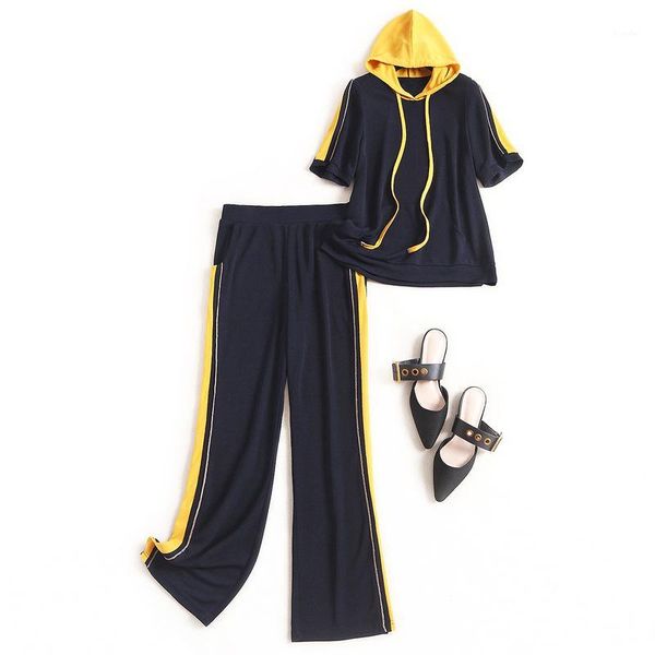 

spring summer knitted tracksuits pants set women hit color hooded short sleeve pullovers + fashion wide leg trousers suit1, White