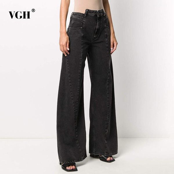 

vgh лоскутная ruched denim pant для женщин высокой талии нерегулярных сыпучей большого размера нога широких брюки женской мода одежда 2020 с, Blue