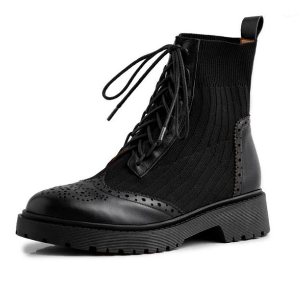 

boots female genuine cow leather woman shoes ankle black knitting stitching heels height increasing riding normal size1