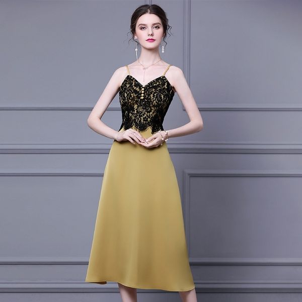 

1iyyw zhili looks thin and small dress suspender new suspender skirtcovered with flesh 2020 skirt temperament goddess fanlace v-neck small d, Black;gray