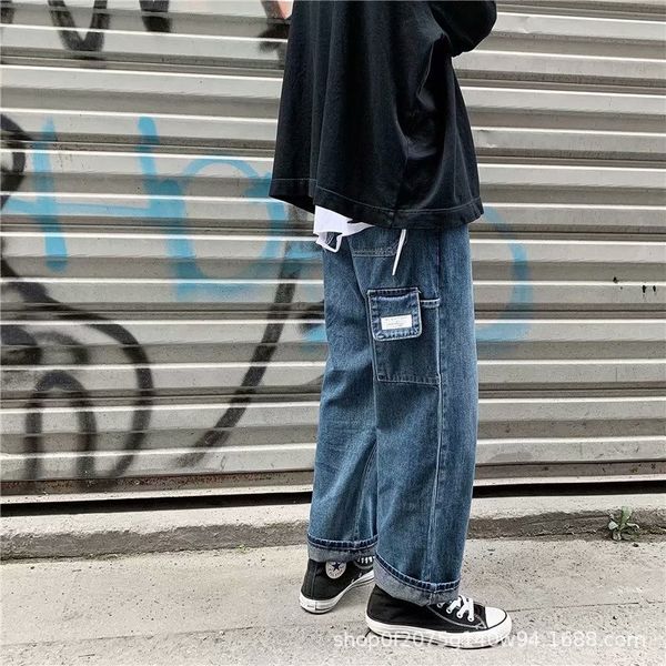 

autumn winter men's straight wide leg jeans fashion br men's long jeans and jeanstrousers and jeanspants back pocket decoration fa, Blue