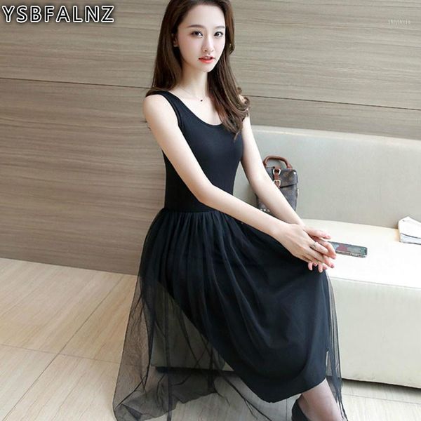 

white plus size vintage party summer long suspenders dress women splice gauze high waist o-neck sleeveless pleated vestidos1