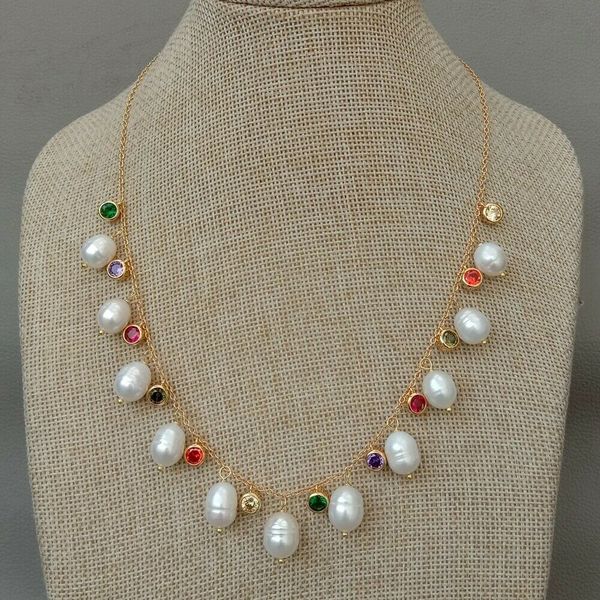 

freshwater cultured white rice pearl multi color cz pave chain necklace 18" 0927, Silver