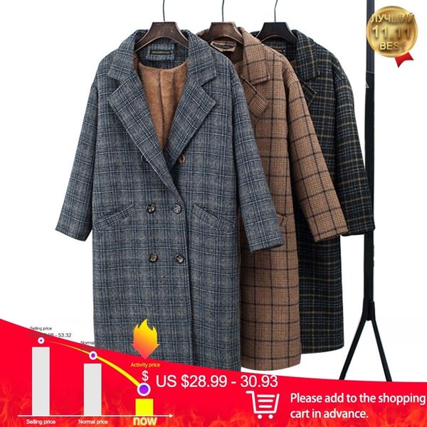 

winter check velvet women's coat fleece notched warm checkered woolen coats female thicken women's jacket long overcoat 201104, Black